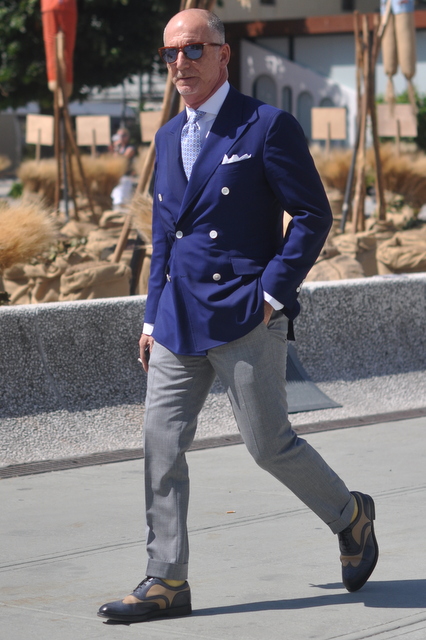 Grey slacks and deals blue blazer